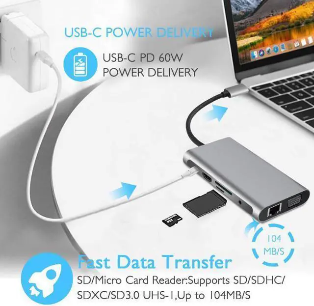Alt view image 4 of 7 - 10 in1 USB C Dock Station, Type-C Hub with 4K HDMI/1080P VGA/100W PD/Gigabit Ethernet/SD/TF/3*USB3.0/Audio Multiport Adapter for MacBook Laptop Notebook