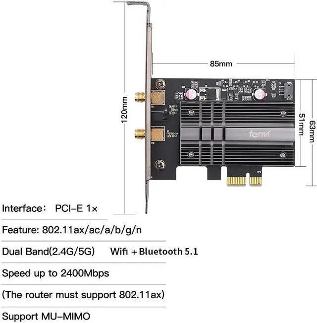 Alt view image 2 of 7 - AX3000T WiFi 6 Desktop PCIe WiFi Card Intel AX200 wifi 6 AX200NGW Chipset 2.4G/5GHz 802.11AC/AX 3000Mbps wifi Bluetooth 5.1 Wireless Adapter for Windows 10 64bit support MU-MIMO Ultra-Low Latency