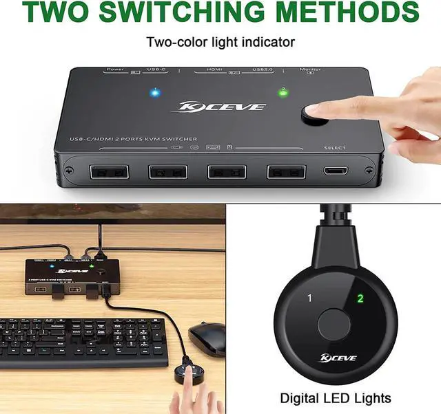 Alt view image 3 of 7 - USB-C HDMI KVM Switch, 2 Ports USB C +HDMI KVM Switcher Support 4K@60Hz for 1 Type-C and 1 HDMI Computer to Share Keyboard Mouse And Monitor, Suppprt 100W PD Fast Charging, Wired Remote included