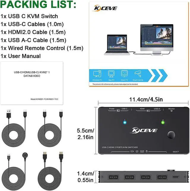 Alt view image 7 of 7 - USB-C HDMI KVM Switch, 2 Ports USB C +HDMI KVM Switcher Support 4K@60Hz for 1 Type-C and 1 HDMI Computer to Share Keyboard Mouse And Monitor, Suppprt 100W PD Fast Charging, Wired Remote included