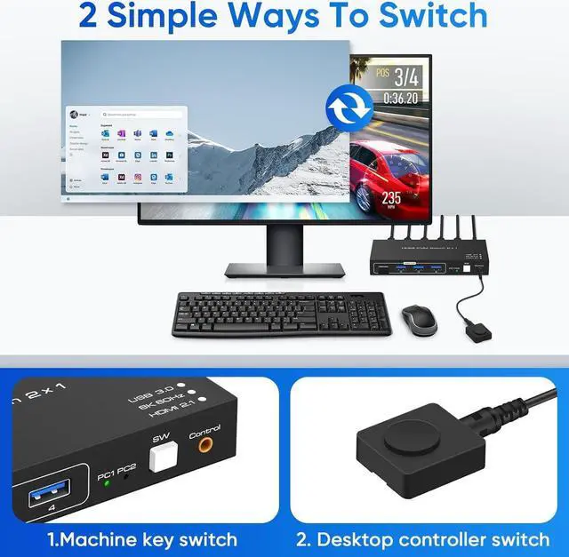 Alt view image 5 of 7 - USB 3.0 HDMI KVM Switch 8K@60hz Ultra HD Resolution, 2 in 1 Out HDMI KVM Switches 4 USB Hub, 2 Computers 1 Monitor Switch Support 4K@120Hz, 2 PCs Share Keyboard Mouse Printer Scanner, with Controller