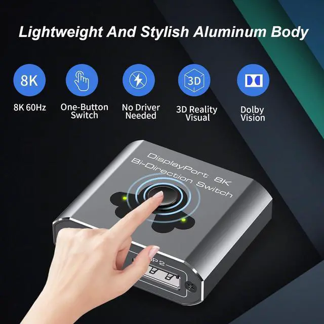 Alt view image 2 of 7 - 2 Port DisplayPort Switch Bidirectional, 8K Bi-Direction Display Port Switch 2 in 1 Out / 1 in 2 Out Manual Switch DP Switcher Selector Box Support 8K@60Hz 4K@120Hz for PC/Laptop/Game Console