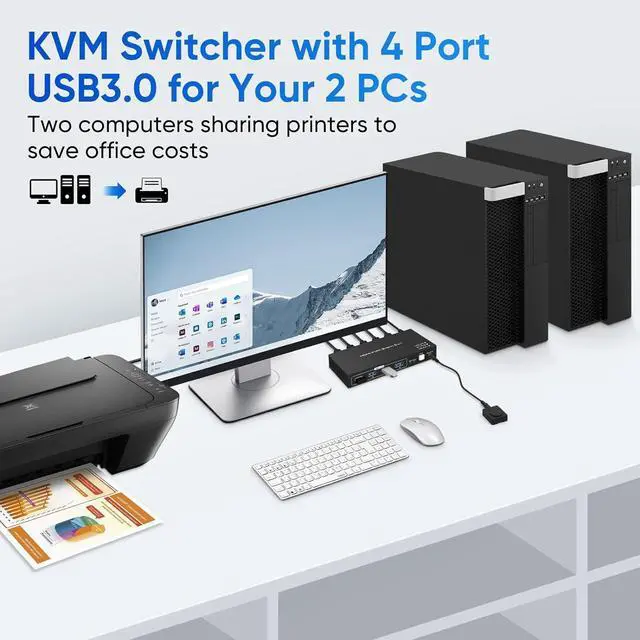 Alt view image 7 of 7 - USB 3.0 HDMI KVM Switch 8K@60hz Ultra HD Resolution, 2 in 1 Out HDMI KVM Switches 4 USB Hub, 2 Computers 1 Monitor Switch Support 4K@120Hz, 2 PCs Share Keyboard Mouse Printer Scanner, with Controller