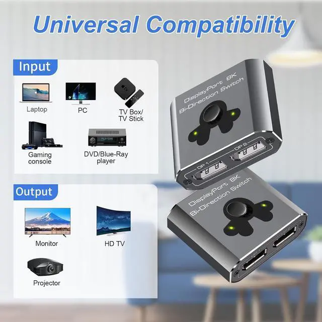Alt view image 5 of 7 - 2 Port DisplayPort Switch Bidirectional, 8K Bi-Direction Display Port Switch 2 in 1 Out / 1 in 2 Out Manual Switch DP Switcher Selector Box Support 8K@60Hz 4K@120Hz for PC/Laptop/Game Console