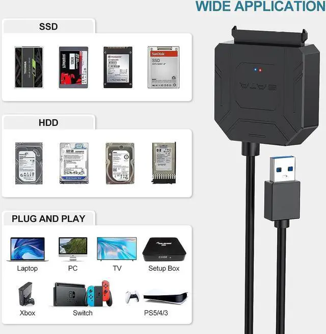 Alt view image 6 of 7 - SATA III to USB 3.0 Adapter with 12 Power Adapter, External Hard Drive Converter Cable Adapter for 2.5 3.5 Inch HDD SSD SATA III Support UASP Compatible for S-ea-gate W-D Hitachi To-sh-iba etc..