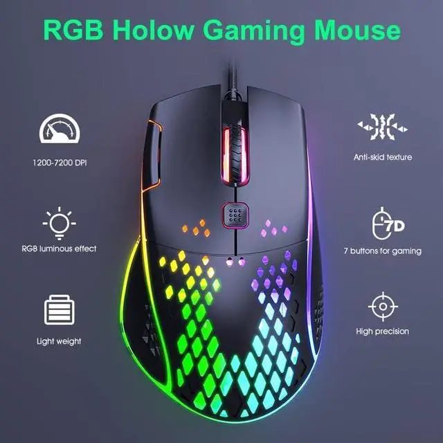 Alt view image 6 of 7 - USB Wired Gaming Mouse, 7 Buttons Gaming Mice, RGB Backlight and 6 Adjustable DPI (1200/1600/2400/3200/4800/7200dpi), Ergonomic and Lightweight USB Computer Mouse with High Precision Sensor