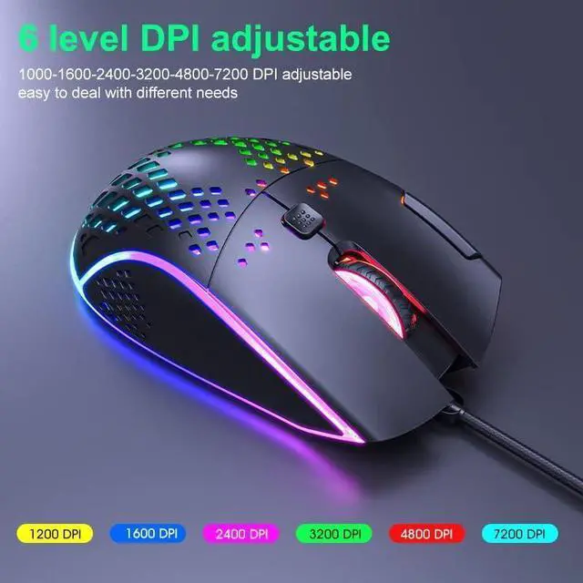 Alt view image 5 of 7 - USB Wired Gaming Mouse, 7 Buttons Gaming Mice, RGB Backlight and 6 Adjustable DPI (1200/1600/2400/3200/4800/7200dpi), Ergonomic and Lightweight USB Computer Mouse with High Precision Sensor