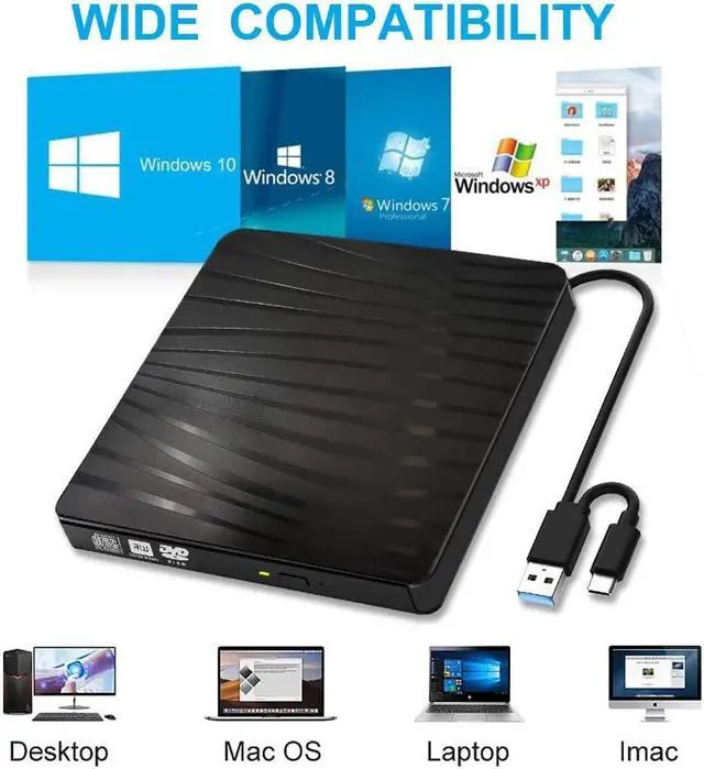 Alt view image 4 of 7 - USB 3.0 External CD DVD Drive, Portable Slim USB 3.0&USB-C CD DVD +/-RW Drive Burner CD/DVD Player Writer,High Speed Transfer for Laptop MacBook Desktop iMac Mac OS Windows XP/7/8/10/Vista (Black)