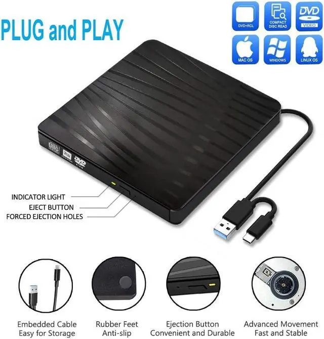 Alt view image 3 of 7 - USB 3.0 External CD DVD Drive, Portable Slim USB 3.0&USB-C CD DVD +/-RW Drive Burner CD/DVD Player Writer,High Speed Transfer for Laptop MacBook Desktop iMac Mac OS Windows XP/7/8/10/Vista (Black)