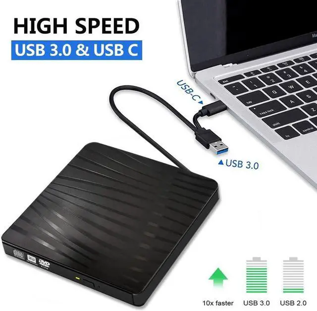 Alt view image 2 of 7 - USB 3.0 External CD DVD Drive, Portable Slim USB 3.0&USB-C CD DVD +/-RW Drive Burner CD/DVD Player Writer,High Speed Transfer for Laptop MacBook Desktop iMac Mac OS Windows XP/7/8/10/Vista (Black)