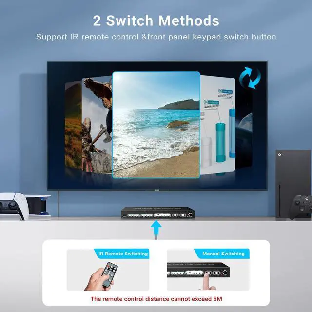 Alt view image 5 of 7 - 8K 4x2 HDMI Matrix, 4 in 2 Out HDMI 2.1 Matrix HDMI Video Switcher Splitter + Optical & L/R Audio Output,Support 4K @120Hz,HDR10 HDCP2.3 Do-l-by Vision Atmos SPDIF 5.1CH ARC with IR Remote Control