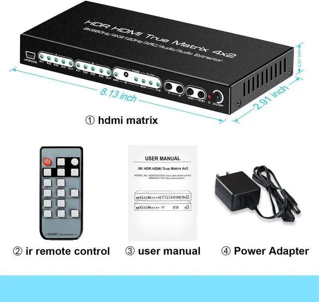 Alt view image 7 of 7 - 8K 4x2 HDMI Matrix, 4 in 2 Out HDMI 2.1 Matrix HDMI Video Switcher Splitter + Optical & L/R Audio Output,Support 4K @120Hz,HDR10 HDCP2.3 Do-l-by Vision Atmos SPDIF 5.1CH ARC with IR Remote Control