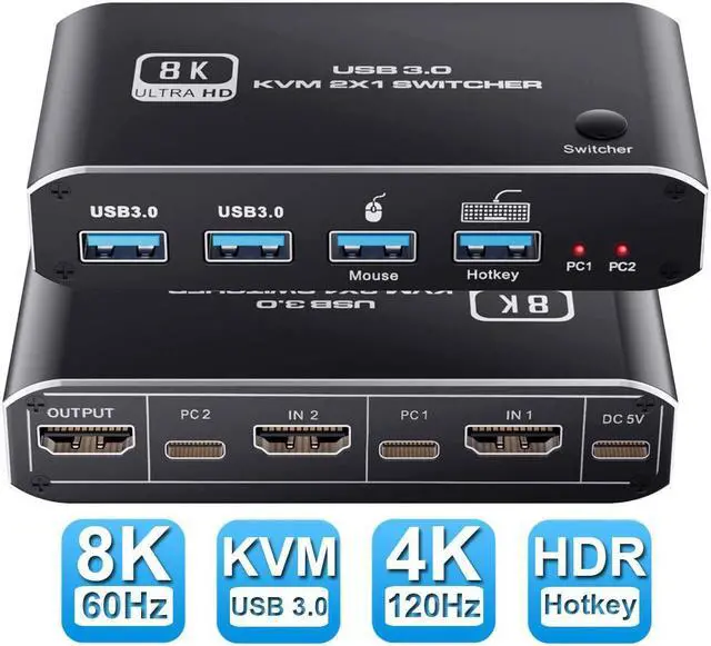Main image of 8K @60Hz 2x1 HDMI 2.1 KVM Switch, 2 Port 2 in 1 Out KVM HDMI 2.1 Switch for 2 PCs Shares 1 Set Mouse, Keyboard and Monitor, Support 8K @60Hz, 4K @120Hz, Hotkey, USB 3.0 Port, HDMI2.1 in/Out Port