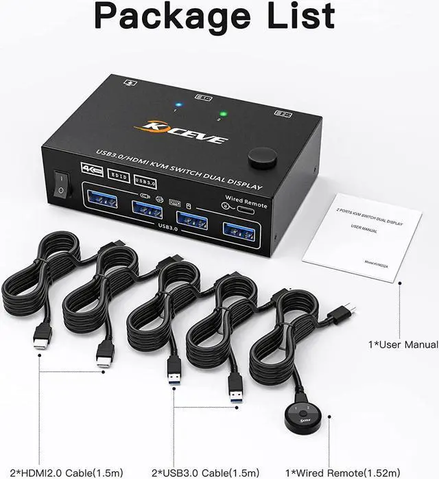 Alt view image 7 of 7 - USB 3.0 KVM Switch HDMI Dual Monitor, USB HDMI Extended Display KVM Switcher for 2 Computers 2 Monitors and 4 USB 3.0 Ports, with Simulation EDID,KVM Switch HDMI Support 4K@60Hz 2K@144Hz 2 in 2 Out