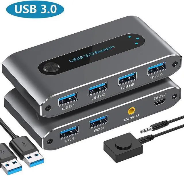 Main image of USB 3.0 Switch Selector 2 in 4 Out, 4 Port USB Switcher for 2 Computers Sharing 4 USB Peripheral Devices, Like Mouse Keyboard Printer Scanner, USB KVM Switch Compatible with Windows, Mac, Linux (Gray)