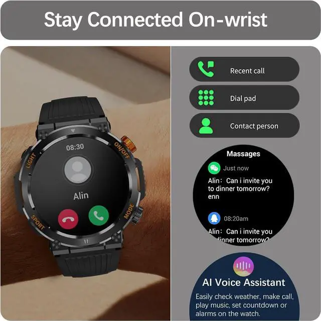Alt view image 5 of 7 - Military Smart Watch for Men Answer/Make Call, Outdoor Waterproof Tactical Sports Smartwatch with LED Flashlight Compass, Heart Rate Sleep Monitor Fitness Tracker Watches for IOS Android Phones