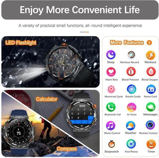 Alt view image 6 of 7 - Military Smart Watch for Men Answer/Make Call, Outdoor Waterproof Tactical Sports Smartwatch with LED Flashlight Compass, Heart Rate Sleep Monitor Fitness Tracker Watches for IOS Android Phones
