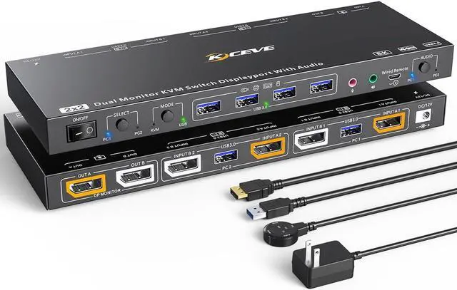 Main image of 2 Port Displayport KVM Switch, Dual Monitor Displayport KVM for 2 Computers 8K@30Hz/4K@144Hz Extend Display Support KVM Mode and USB Mode with Voice Control and Remote Control Include KVM Cables