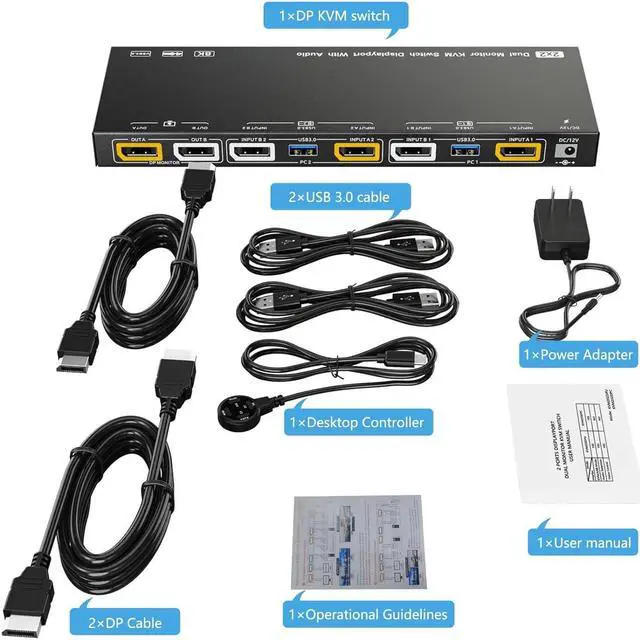 Alt view image 7 of 7 - 2 Port Displayport KVM Switch, Dual Monitor Displayport KVM for 2 Computers 8K@30Hz/4K@144Hz Extend Display Support KVM Mode and USB Mode with Voice Control and Remote Control Include KVM Cables