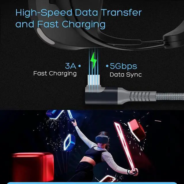 Alt view image 6 of 7 - Oculus Link Cable 19ft/6M, 90 Degree Link Cable with 5Gbps Data Transfer and up to 3A Fast Charging, USB A to USB C Link Cable for Oculus Quest and Quest 2 VR Headset and Gaming PC (19FT/6M)