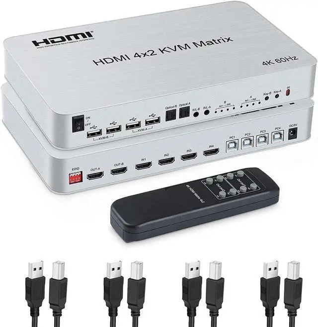 Main image of 4x2HDMIKVMMatrixSwitcher,4K@60HzKVMSwitch+Optical&L/RAudioOutput,4HDMI2.0Port+4USB2.0Port,Share4ComputertoDualMonitor,SupportAutoScale,AudioExtractorwithRemoteControl 8iop