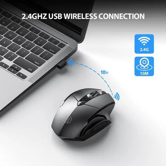 Alt view image 2 of 7 - 2.4G RF Wireless Mouse Rechargeable, [Battery Level Visible], Silent Click Mouse USB 2.4G Cordless Wireless Mice for Laptop PC Computer Tablets, 6 Buttons, 1600DPI 3 Adjustment Levels, Gray