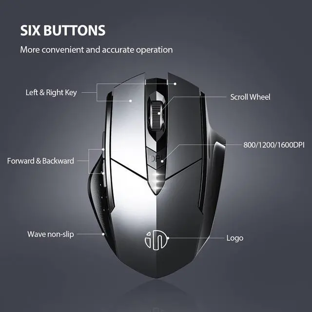 Alt view image 4 of 7 - 2.4G RF Wireless Mouse Rechargeable, [Battery Level Visible], Silent Click Mouse USB 2.4G Cordless Wireless Mice for Laptop PC Computer Tablets, 6 Buttons, 1600DPI 3 Adjustment Levels, Gray
