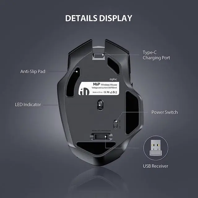 Alt view image 5 of 7 - 2.4G RF Wireless Mouse Rechargeable, [Battery Level Visible], Silent Click Mouse USB 2.4G Cordless Wireless Mice for Laptop PC Computer Tablets, 6 Buttons, 1600DPI 3 Adjustment Levels, Gray
