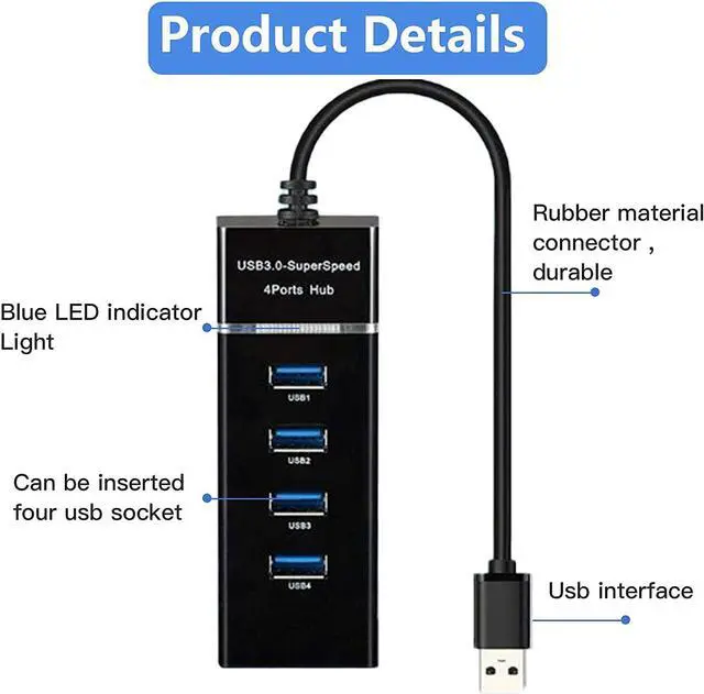 Alt view image 3 of 7 - 4 Port USB3.0 USB Hub Adapter, Portable USB Hub, USB 3.0 Hub Multiport Adapter with LED Indicator for Keyboard &Mouse,Printer,USB Fan&Lamp,Camera,Flash Drives, Mobile Hard Disk, and More (Black) 8iop