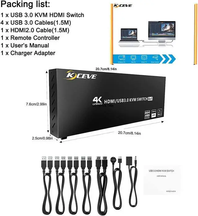 Alt view image 7 of 7 - USB 3.0 KVM Switch HDMI 4 Port, Support 4K @60Hz RGB 4:4:4, USB Hub HDR EDID HDMI USB KVM Switch 4 in 1out and 4 USB 3.0 Port for Keyboard Mouse Printer,with Controller, USB 3.0 Cables and HDMI-Cable