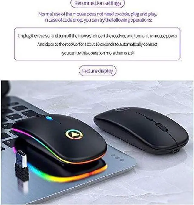 Alt view image 6 of 7 - Wireless Mouse Rechargeable, Ultra Slim 1600 DPI Mini 2.4G Slim Silent Backlit Mouse, PC Computer Laptop Cordless Mice with USB Receiver for Laptop,PC,Computer, Mac-Black