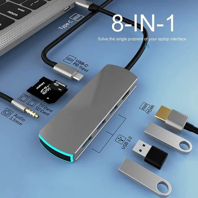 Alt view image 2 of 7 - USB C Hub-Dongle, 8 in 1 Type C Hub USB C to HDMI Multiport Adapter Compatible for MacBook Pro&Air Accessories USB C Laptops and Other Type C Devices (TF/SD Card Reader 100W PD/4K HDMI USB3.0)