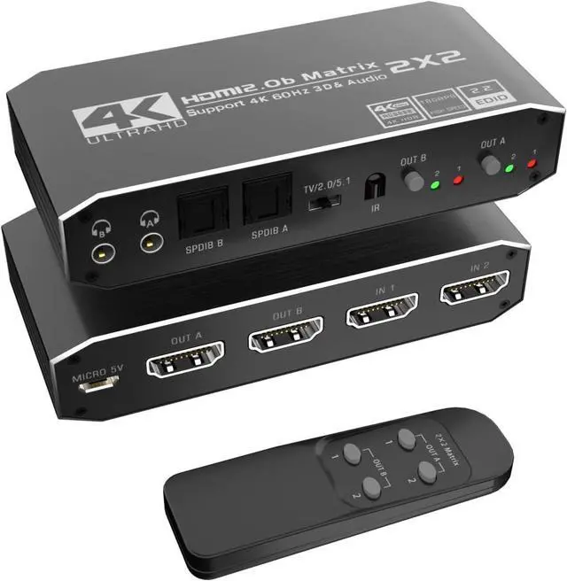 Main image of 2x2 4K HDMI Switch, 2x2 HDMI Matrix Switcher, 4K 60Hz Video Switcher 2 in 2 Out Splitter Support Optical and 3.5mm Audio Output with IR Remote Controller Compatible with 3D, HDMI 2.0b, HDCP 2.2