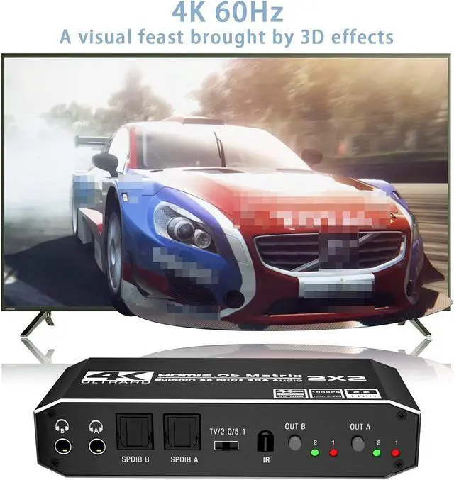 Alt view image 2 of 7 - 2x2 4K HDMI Switch, 2x2 HDMI Matrix Switcher, 4K 60Hz Video Switcher 2 in 2 Out Splitter Support Optical and 3.5mm Audio Output with IR Remote Controller Compatible with 3D, HDMI 2.0b, HDCP 2.2