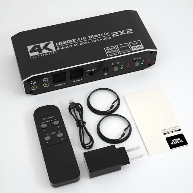 Alt view image 7 of 7 - 2x2 4K HDMI Switch, 2x2 HDMI Matrix Switcher, 4K 60Hz Video Switcher 2 in 2 Out Splitter Support Optical and 3.5mm Audio Output with IR Remote Controller Compatible with 3D, HDMI 2.0b, HDCP 2.2
