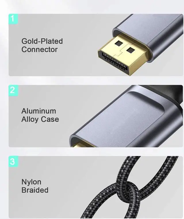 Alt view image 3 of 7 - 8K DisplayPort 1.4 Cable 6.6Ft/2M, DP Cable (8K@60Hz 7680x4320, 4K@240Hz, 2K@144Hz) Braided Ultra High Speed DisplayPort Cord, DP to DP Cable Support Resolution for Laptop PC TV Gaming Monitor