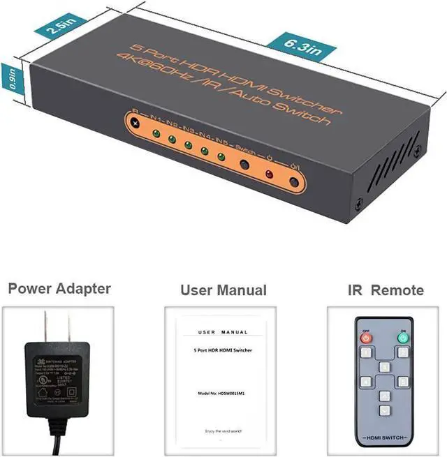 Alt view image 6 of 7 - 5 Ports HDMI Switch 4K, 5x1 HDMI Splitter Switch 5 In 1 Out HDMI Switcher with IR Remote Support 4K 60hz, 2K, 1080P, 3D, HDCP 2.2, UHD, HDR for PS 3/4, XBOX One/360, DVD Player, HDTV, Projector