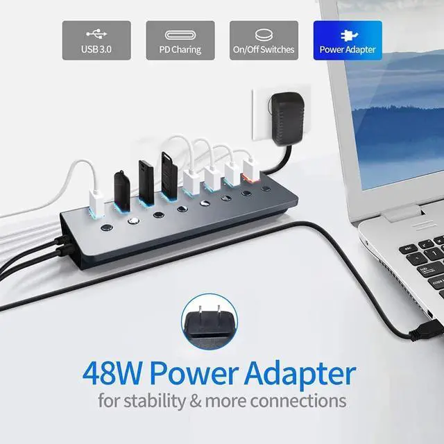 Alt view image 5 of 7 - Powered USB 3.0 Hub 8 Port, External Multiport USB hub 1 Intelligent Charging Port + 7 xUSB 3.0 Data Ports with a Separate On/Off, with 1M Cable 5V/3A Power Supply Adapter, for Laptop Desktop PC etc