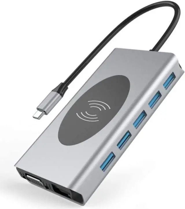 Main image of (14-in-1) USB C Hub, USB-C Docking Station, with Wireless Charger and 100W Power Delivery, 2x4K HDMI Port, 1 VGA Port 5 USB 3.0 Ports, 1 RJ45 Ethernet Port, SD/TF Card Reader, for Laptop PC and More