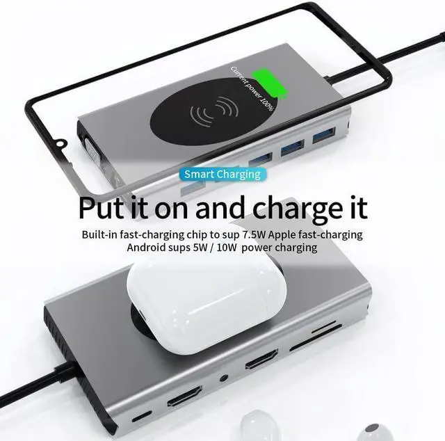 Alt view image 5 of 7 - (14-in-1) USB C Hub, USB-C Docking Station, with Wireless Charger and 100W Power Delivery, 2x4K HDMI Port, 1 VGA Port 5 USB 3.0 Ports, 1 RJ45 Ethernet Port, SD/TF Card Reader, for Laptop PC and More