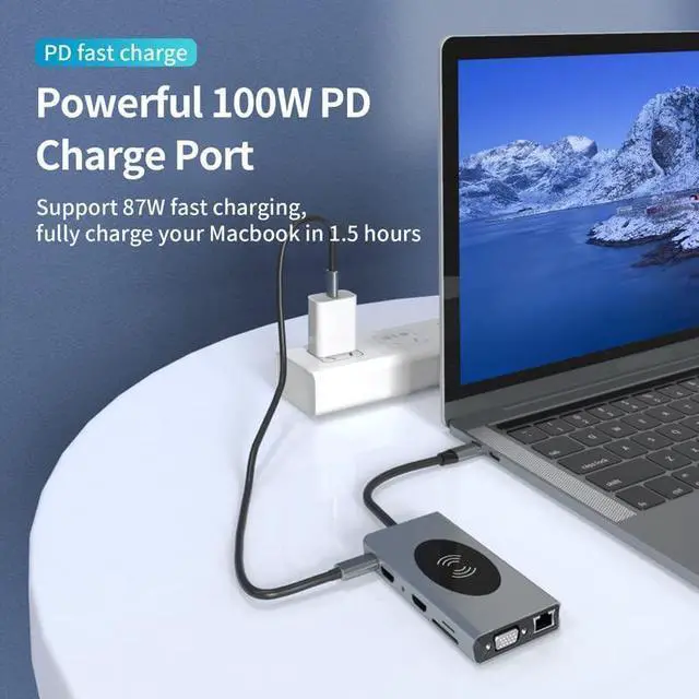 Alt view image 6 of 7 - (14-in-1) USB C Hub, USB-C Docking Station, with Wireless Charger and 100W Power Delivery, 2x4K HDMI Port, 1 VGA Port 5 USB 3.0 Ports, 1 RJ45 Ethernet Port, SD/TF Card Reader, for Laptop PC and More