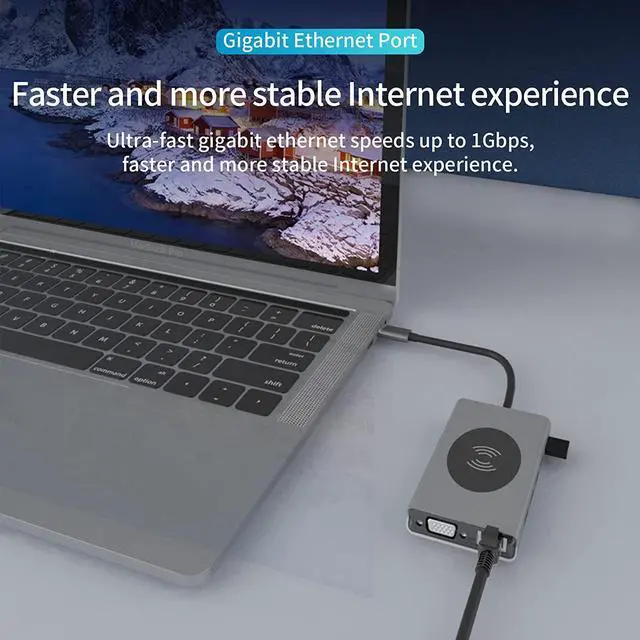 Alt view image 7 of 7 - (14-in-1) USB C Hub, USB-C Docking Station, with Wireless Charger and 100W Power Delivery, 2x4K HDMI Port, 1 VGA Port 5 USB 3.0 Ports, 1 RJ45 Ethernet Port, SD/TF Card Reader, for Laptop PC and More