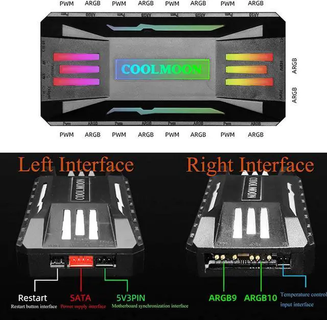 Alt view image 2 of 7 - COOLMOON Pwm Fan Temperature Controller Integrator, Remote Control PC RGB Light Adapter, 8*4pin Fan Speed Controller Port, 10*5v 3pin A-RGB Port with Magnet(Black)