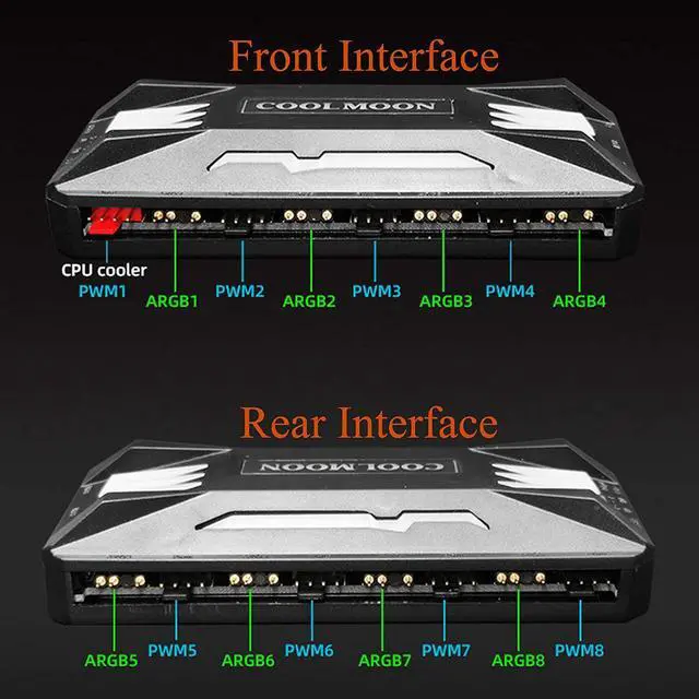 Alt view image 3 of 7 - COOLMOON Pwm Fan Temperature Controller Integrator, Remote Control PC RGB Light Adapter, 8*4pin Fan Speed Controller Port, 10*5v 3pin A-RGB Port with Magnet(Black)
