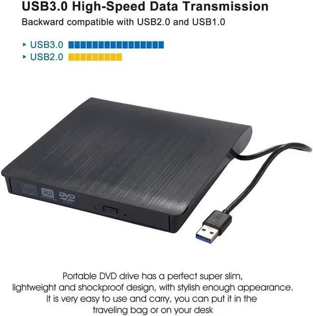 Alt view image 2 of 7 - External USB3.0 CD DVD Drive, USB 3.0 Portable Slim CD DVD +/-RW Drive Player Burner Writer Reader Rewriter, Optical DVD Drive For Macbook, Laptop, Desktop, Windows 7/8/10/XP/Vista/Mac OS
