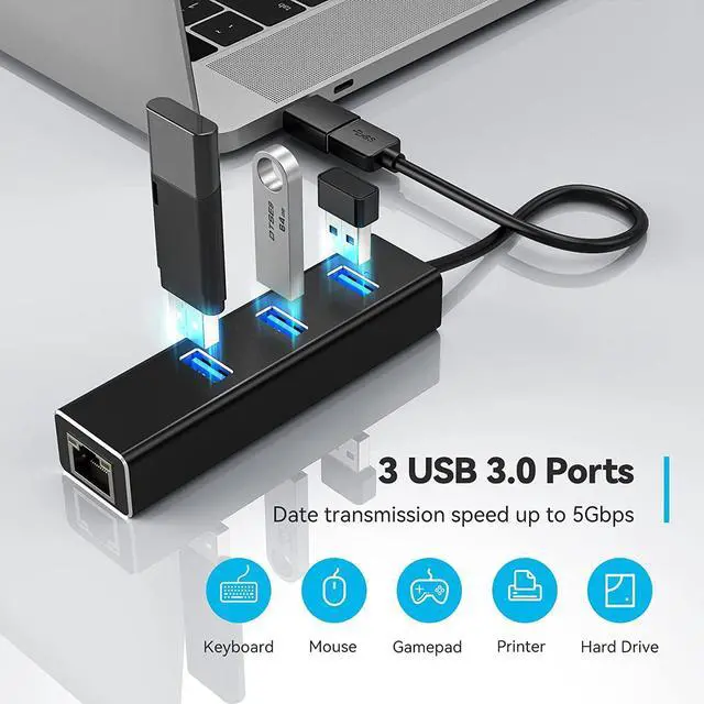 Alt view image 4 of 7 - USB 3.0 to Ethernet Adapter, Aluminum USB 3.0 Hub with 3 Port USB 3.0, 10/100/1000Mbps Gigabit RJ45 Network LAN USB Hub with Type C Adapter for Windows 7/8/8.1/10, Linux, Vista, Mac OS etc