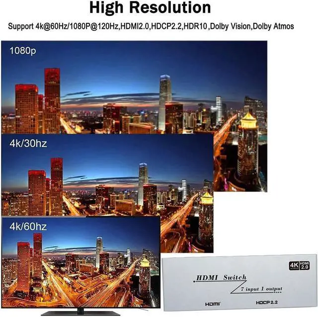 Alt view image 5 of 7 - HDMI 2.0 Switch 7 in 1 Out - 4K @60Hz HDMI Selector Switch with Remote,18Gbps HDMI 2.0 HDR HDCP 3D, Support 4K@60Hz 2160p 1080p Premium Quality Auto Switcher Hub for PS4/5 Xbox,TV, Nintendo
