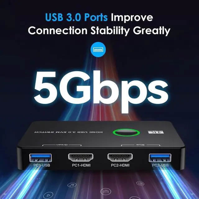 Alt view image 3 of 6 - Upgrade USB 3.0 HDMI KVM Switch 2 in 1 Out, 4K@60Hz HDMI USB 3.0 Switch, USB KVM Switch for 2 Computers Share 1 HD Monitor and Keyboard Mouse, Support 4K@60Hz, 2 HD-MI Cables and 2 USB Cables Included