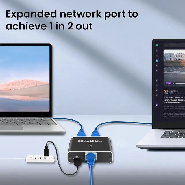 Alt view image 2 of 7 - Ethernet Splitter 1 to 2 High Speed, RJ45 Network 1 to 2 Port Ethernet Adapter Splitter [2 Devices Simultaneous Networking],1000Mbps Extension Connector with USB Power Cable for Cat5/5e/6/7/8 Cable
