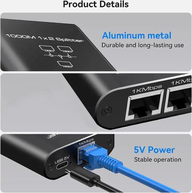 Alt view image 5 of 7 - Ethernet Splitter 1 to 2 High Speed, RJ45 Network 1 to 2 Port Ethernet Adapter Splitter [2 Devices Simultaneous Networking],1000Mbps Extension Connector with USB Power Cable for Cat5/5e/6/7/8 Cable